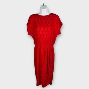 Vintage 80s Red Silk Blouson Dress Size 6 Textured Midi Faux Wrap
